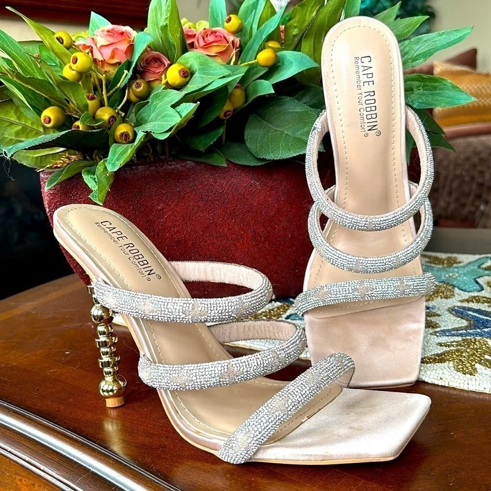 Cape Robbin Rhinestone Multi-Strap Square Toe High Heels Stilettos Sparkly Beige
